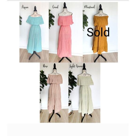 Mexican Peasant Off Shoulder Midi Dress Pastel Colors Beach One Size (Fits S-XL) - Picture 8 of 8